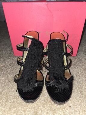 Betsey Johnson Black Fringe Strappy Heels